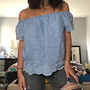 Off the shoulder blue blouse